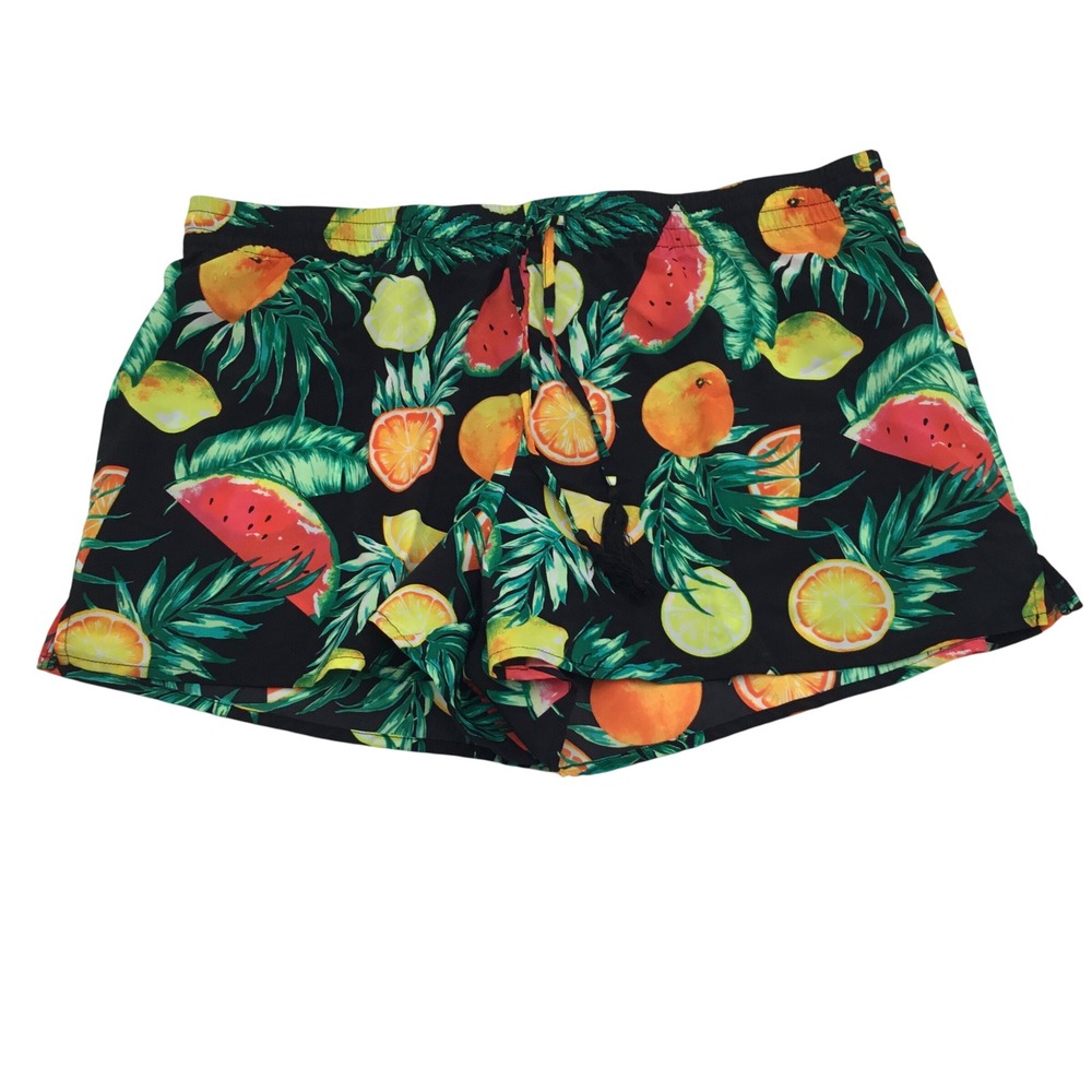 City Streets Womens Tropical Fruit Print Shorts Black Size L Watermelon Orange